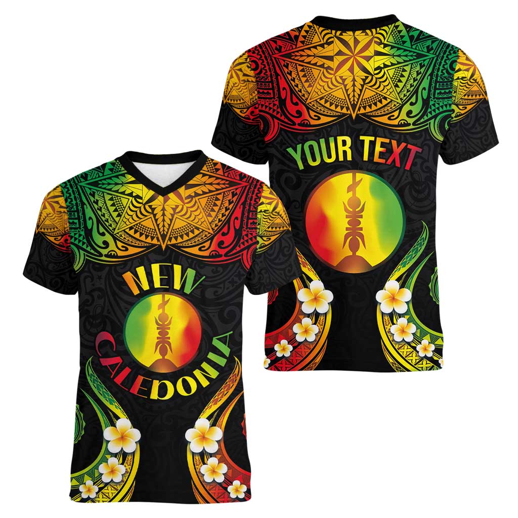 Personalised New Caledonia Independence Day Women V-Neck T-Shirt Polynesian Tattoo and Plumeria Reggae Color LT03 - Polynesian Pride