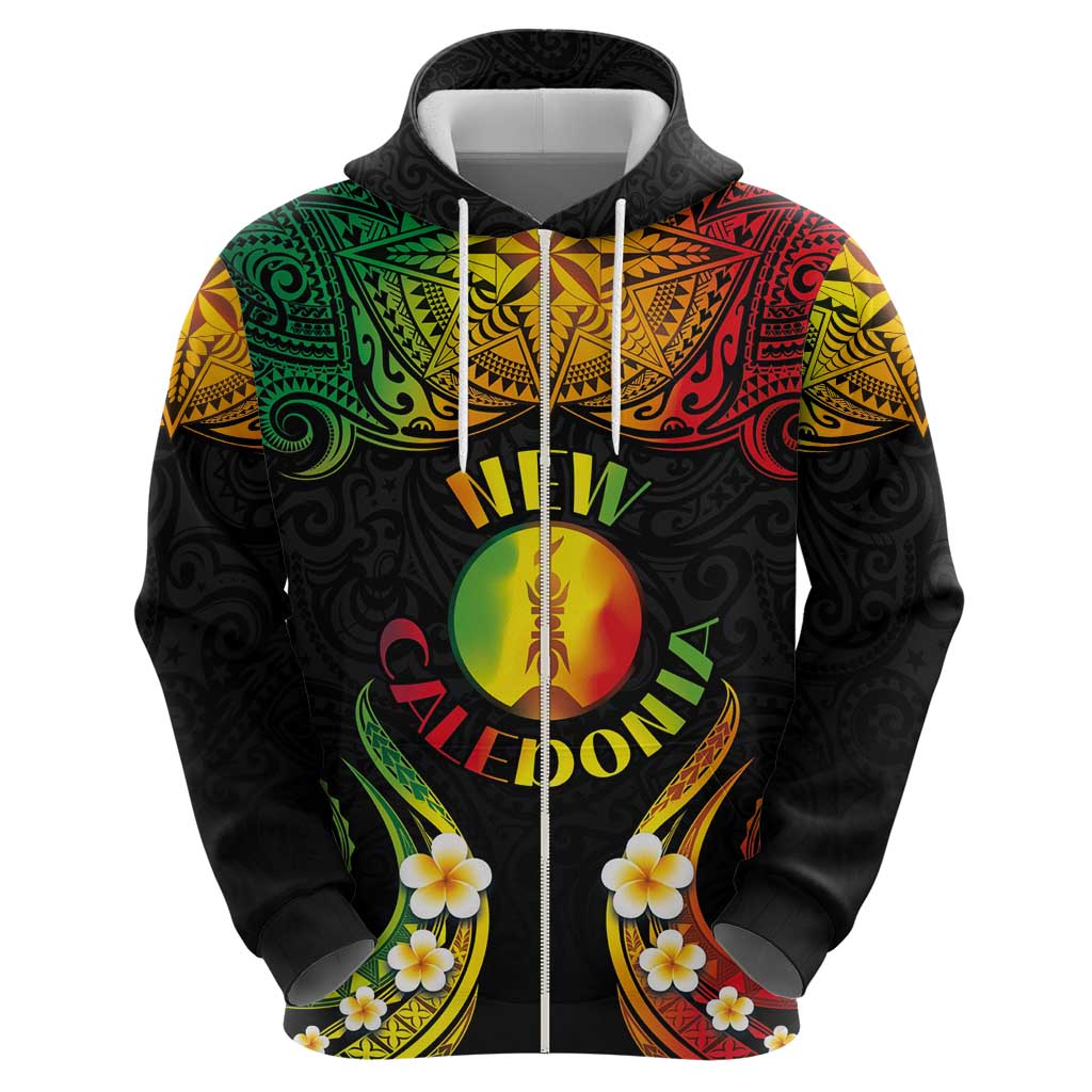 Personalised New Caledonia Independence Day Zip Hoodie Polynesian Tattoo and Plumeria Reggae Color LT03 - Polynesian Pride