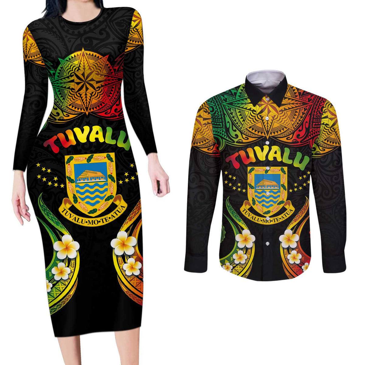 Personalised Tuvalu Independence Day Couples Matching Long Sleeve Bodycon Dress and Long Sleeve Button Shirt Polynesian Tattoo and Plumeria Reggae Color LT03 Reggae - Polynesian Pride