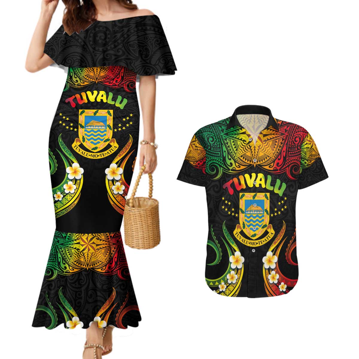 Personalised Tuvalu Independence Day Couples Matching Mermaid Dress and Hawaiian Shirt Polynesian Tattoo and Plumeria Reggae Color LT03 Reggae - Polynesian Pride