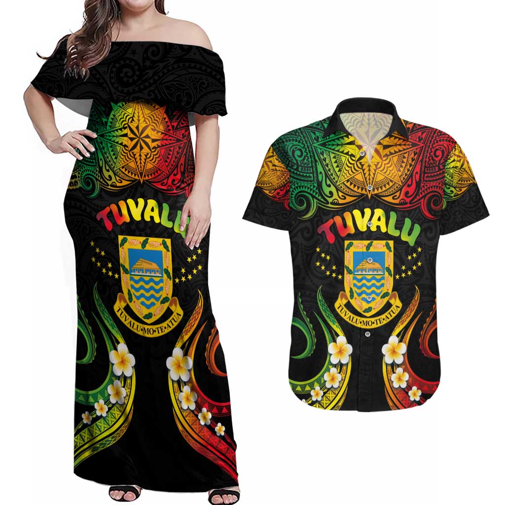 Personalised Tuvalu Independence Day Couples Matching Off Shoulder Maxi Dress and Hawaiian Shirt Polynesian Tattoo and Plumeria Reggae Color LT03 Reggae - Polynesian Pride
