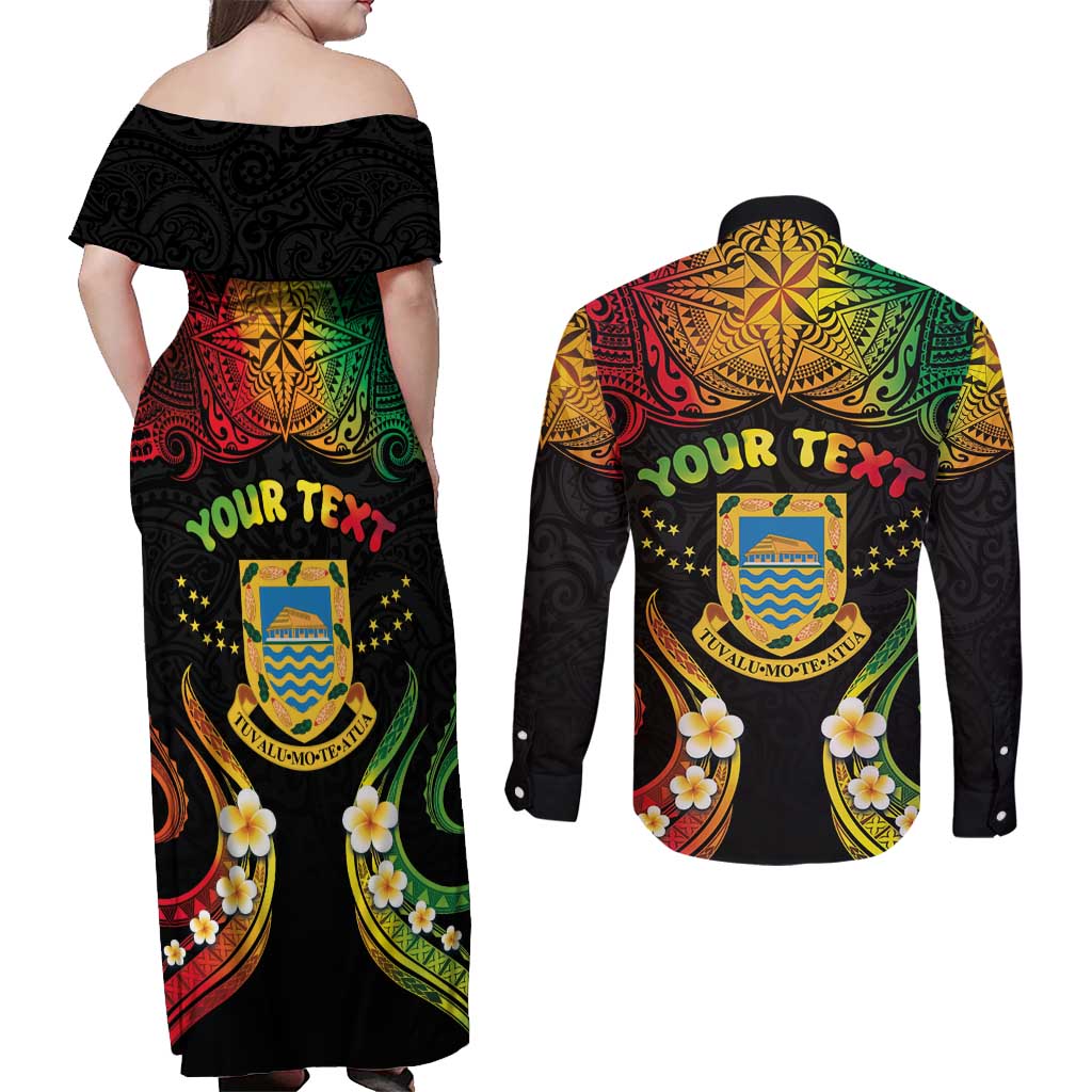 Personalised Tuvalu Independence Day Couples Matching Off Shoulder Maxi Dress and Long Sleeve Button Shirt Polynesian Tattoo and Plumeria Reggae Color LT03 - Polynesian Pride