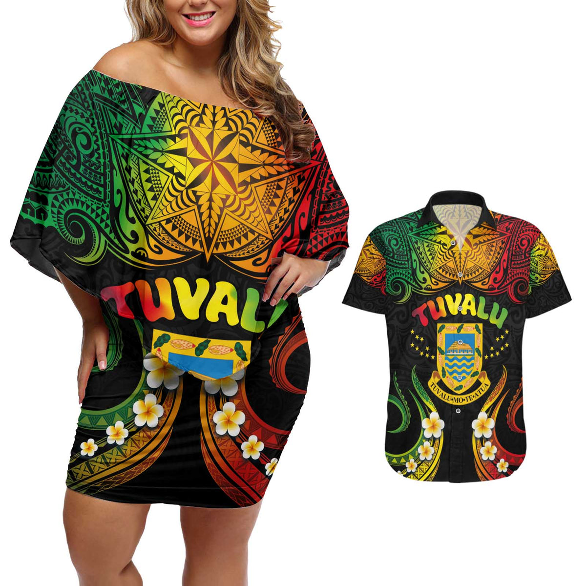 Personalised Tuvalu Independence Day Couples Matching Off Shoulder Short Dress and Hawaiian Shirt Polynesian Tattoo and Plumeria Reggae Color LT03 Reggae - Polynesian Pride