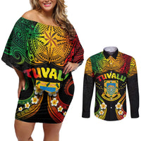 Personalised Tuvalu Independence Day Couples Matching Off Shoulder Short Dress and Long Sleeve Button Shirt Polynesian Tattoo and Plumeria Reggae Color LT03 Reggae - Polynesian Pride