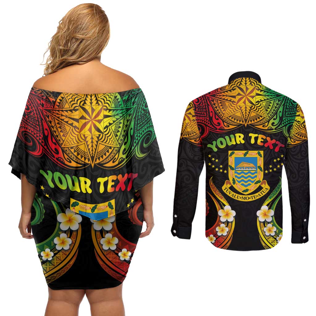 Personalised Tuvalu Independence Day Couples Matching Off Shoulder Short Dress and Long Sleeve Button Shirt Polynesian Tattoo and Plumeria Reggae Color LT03 - Polynesian Pride