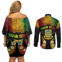 Personalised Tuvalu Independence Day Couples Matching Off Shoulder Short Dress and Long Sleeve Button Shirt Polynesian Tattoo and Plumeria Reggae Color LT03 - Polynesian Pride
