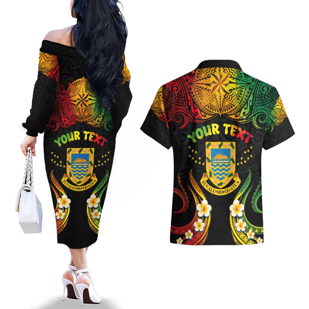 Personalised Tuvalu Independence Day Couples Matching Off The Shoulder Long Sleeve Dress and Hawaiian Shirt Polynesian Tattoo and Plumeria Reggae Color LT03 - Polynesian Pride