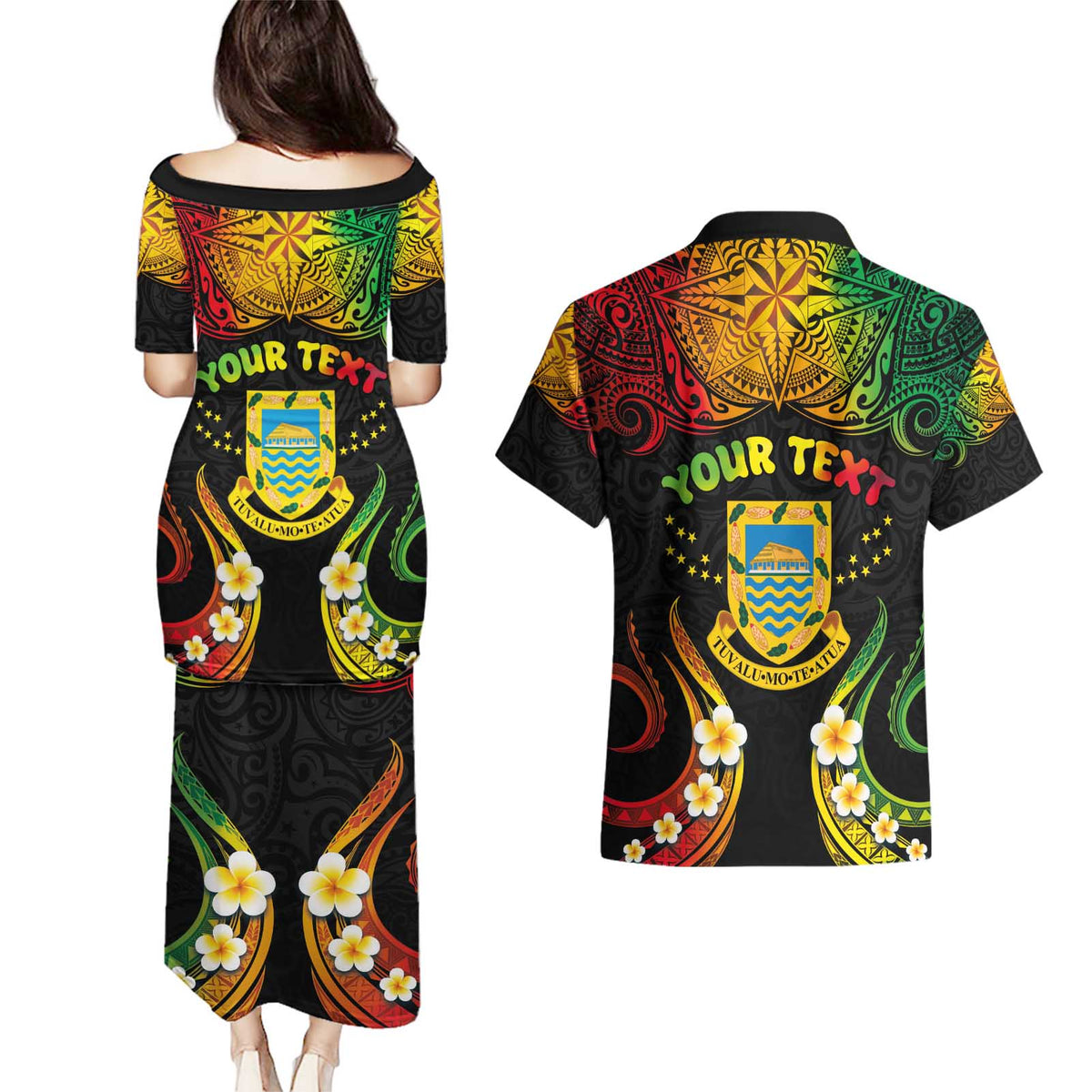 Personalised Tuvalu Independence Day Couples Matching Puletasi and Hawaiian Shirt Polynesian Tattoo and Plumeria Reggae Color LT03 - Polynesian Pride