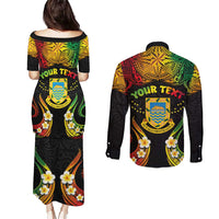 Personalised Tuvalu Independence Day Couples Matching Puletasi and Long Sleeve Button Shirt Polynesian Tattoo and Plumeria Reggae Color LT03 - Polynesian Pride