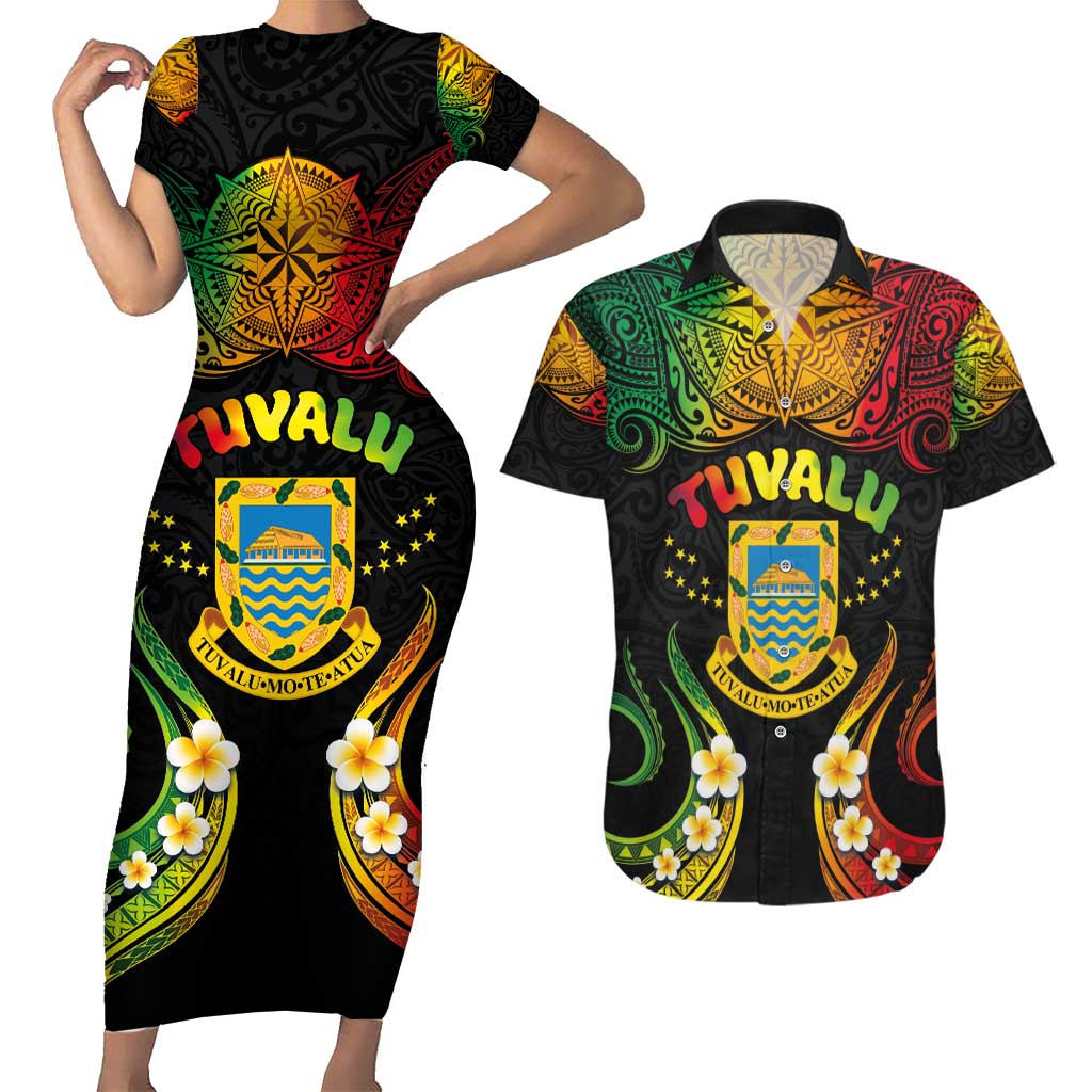 Personalised Tuvalu Independence Day Couples Matching Short Sleeve Bodycon Dress and Hawaiian Shirt Polynesian Tattoo and Plumeria Reggae Color LT03 Reggae - Polynesian Pride