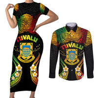 Personalised Tuvalu Independence Day Couples Matching Short Sleeve Bodycon Dress and Long Sleeve Button Shirt Polynesian Tattoo and Plumeria Reggae Color LT03 Reggae - Polynesian Pride