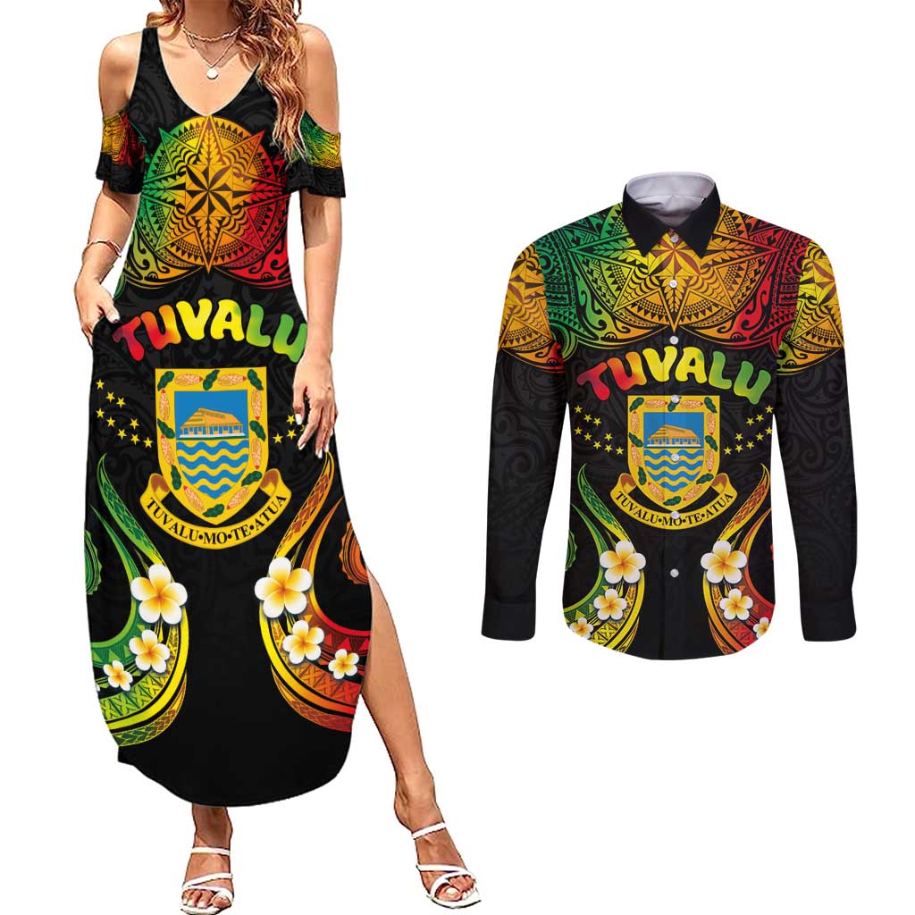 Personalised Tuvalu Independence Day Couples Matching Summer Maxi Dress and Long Sleeve Button Shirt Polynesian Tattoo and Plumeria Reggae Color LT03 Reggae - Polynesian Pride