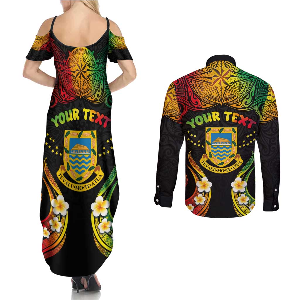 Personalised Tuvalu Independence Day Couples Matching Summer Maxi Dress and Long Sleeve Button Shirt Polynesian Tattoo and Plumeria Reggae Color LT03 - Polynesian Pride