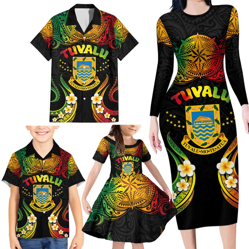 Personalised Tuvalu Independence Day Family Matching Long Sleeve Bodycon Dress and Hawaiian Shirt Polynesian Tattoo and Plumeria Reggae Color LT03 - Polynesian Pride