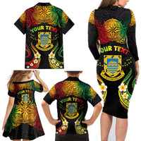 Personalised Tuvalu Independence Day Family Matching Long Sleeve Bodycon Dress and Hawaiian Shirt Polynesian Tattoo and Plumeria Reggae Color LT03 - Polynesian Pride