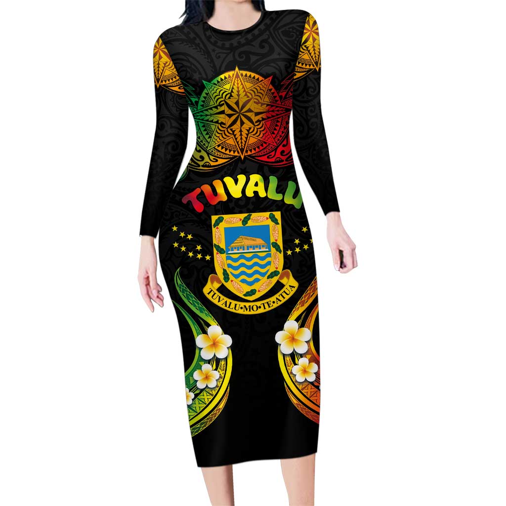 Personalised Tuvalu Independence Day Family Matching Long Sleeve Bodycon Dress and Hawaiian Shirt Polynesian Tattoo and Plumeria Reggae Color LT03 Mom's Dress Reggae - Polynesian Pride