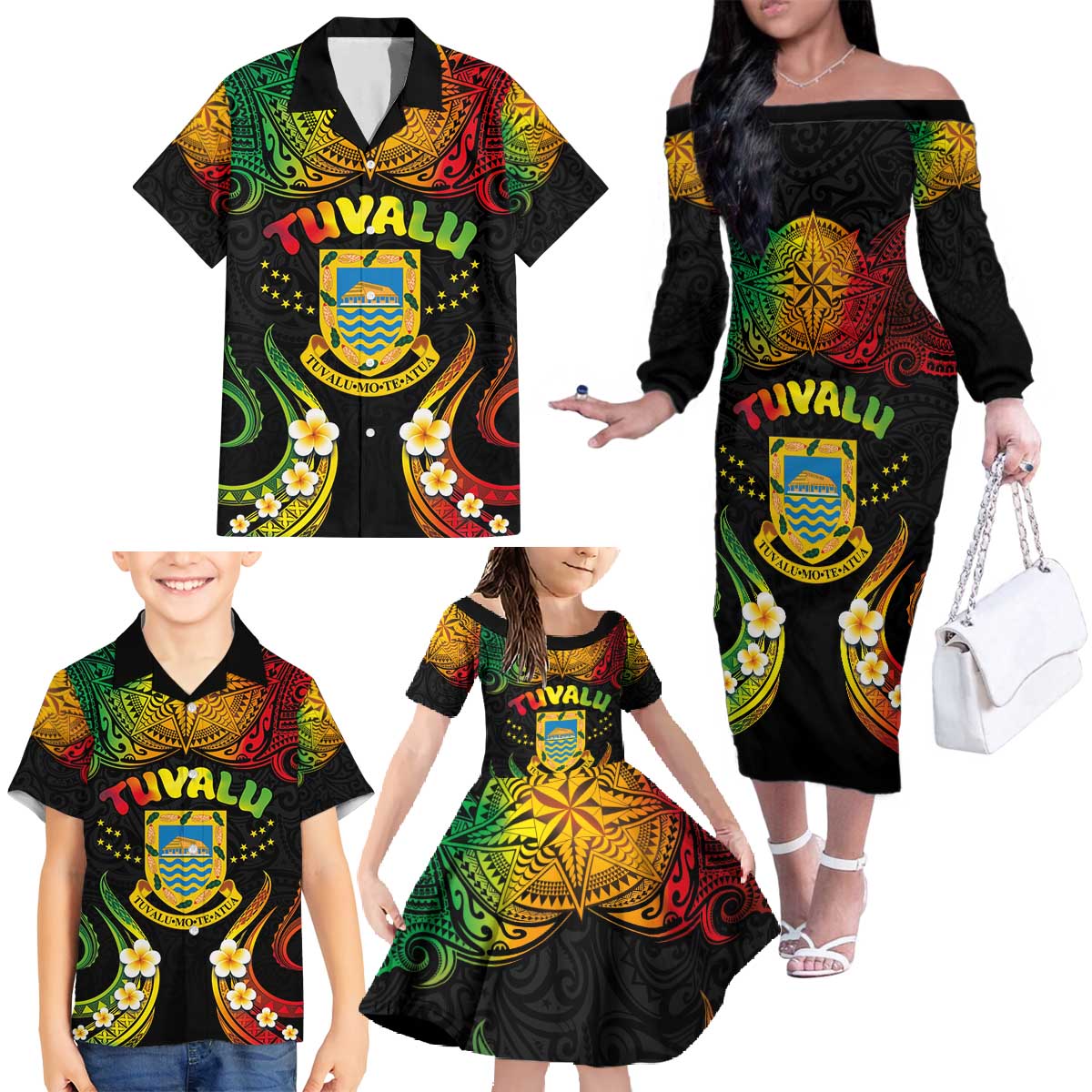 Personalised Tuvalu Independence Day Family Matching Off The Shoulder Long Sleeve Dress and Hawaiian Shirt Polynesian Tattoo and Plumeria Reggae Color LT03 - Polynesian Pride