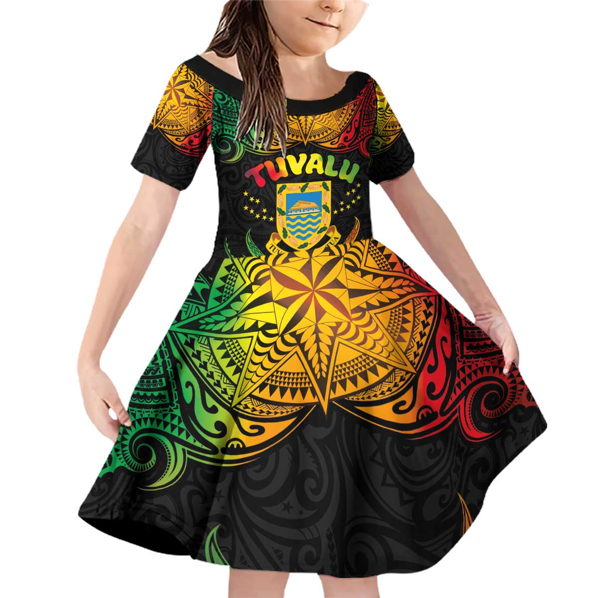 Personalised Tuvalu Independence Day Family Matching Off Shoulder Short Dress and Hawaiian Shirt Polynesian Tattoo and Plumeria Reggae Color LT03 Daughter's Dress Reggae - Polynesian Pride