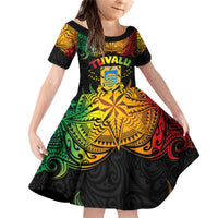 Personalised Tuvalu Independence Day Family Matching Off Shoulder Short Dress and Hawaiian Shirt Polynesian Tattoo and Plumeria Reggae Color LT03 Daughter's Dress Reggae - Polynesian Pride