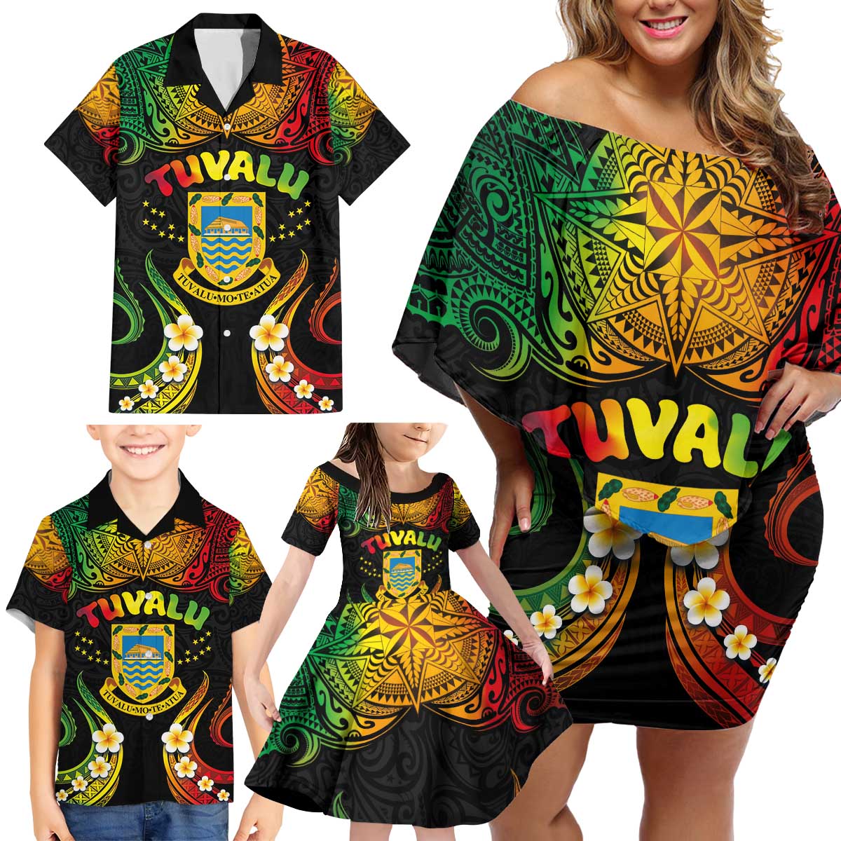 Personalised Tuvalu Independence Day Family Matching Off Shoulder Short Dress and Hawaiian Shirt Polynesian Tattoo and Plumeria Reggae Color LT03 - Polynesian Pride