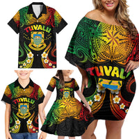 Personalised Tuvalu Independence Day Family Matching Off Shoulder Short Dress and Hawaiian Shirt Polynesian Tattoo and Plumeria Reggae Color LT03 - Polynesian Pride