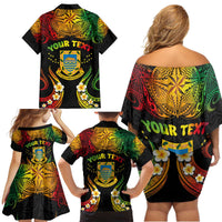 Personalised Tuvalu Independence Day Family Matching Off Shoulder Short Dress and Hawaiian Shirt Polynesian Tattoo and Plumeria Reggae Color LT03 - Polynesian Pride