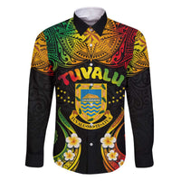 Personalised Tuvalu Independence Day Family Matching Off Shoulder Short Dress and Hawaiian Shirt Polynesian Tattoo and Plumeria Reggae Color LT03 Dad's Shirt - Long Sleeve Reggae - Polynesian Pride