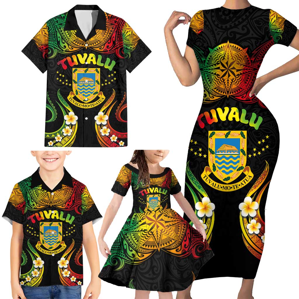 Personalised Tuvalu Independence Day Family Matching Short Sleeve Bodycon Dress and Hawaiian Shirt Polynesian Tattoo and Plumeria Reggae Color LT03 - Polynesian Pride