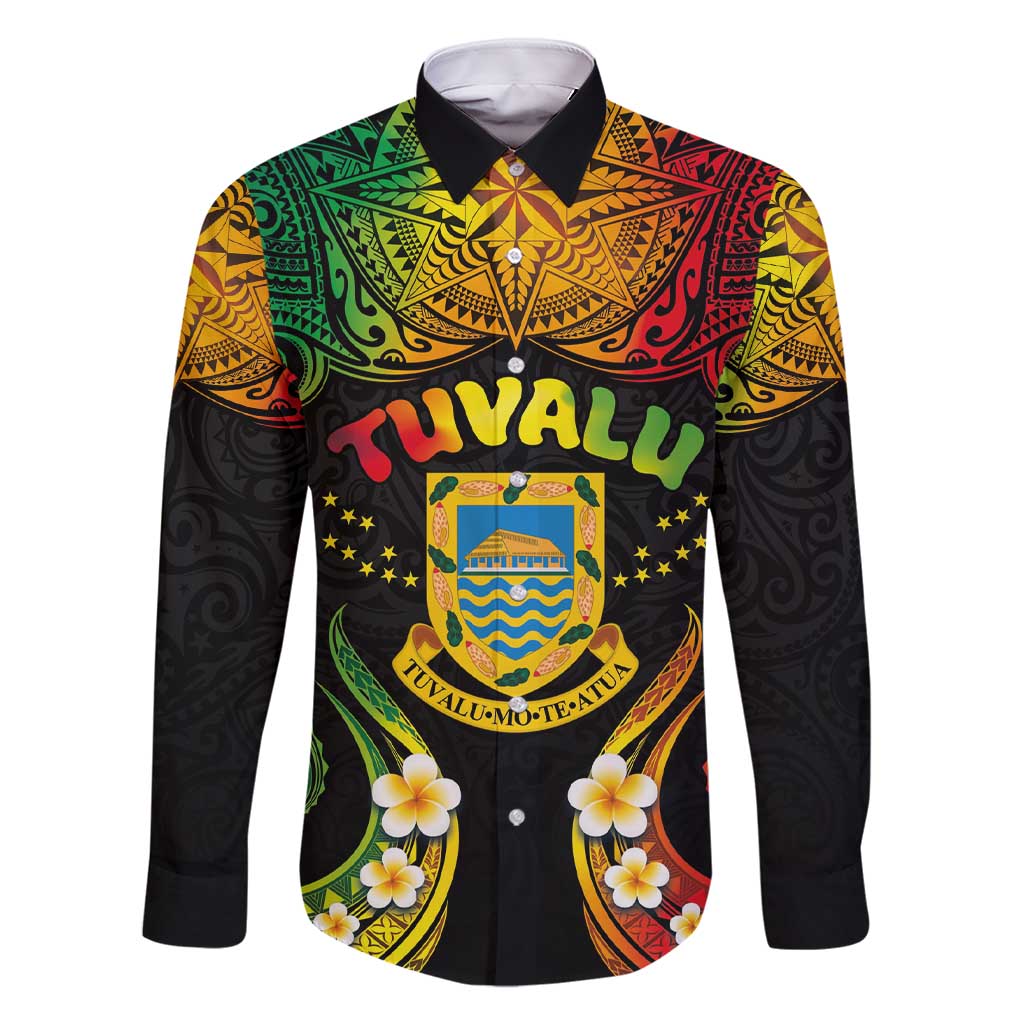 Personalised Tuvalu Independence Day Family Matching Short Sleeve Bodycon Dress and Hawaiian Shirt Polynesian Tattoo and Plumeria Reggae Color LT03 Dad's Shirt - Long Sleeve Reggae - Polynesian Pride
