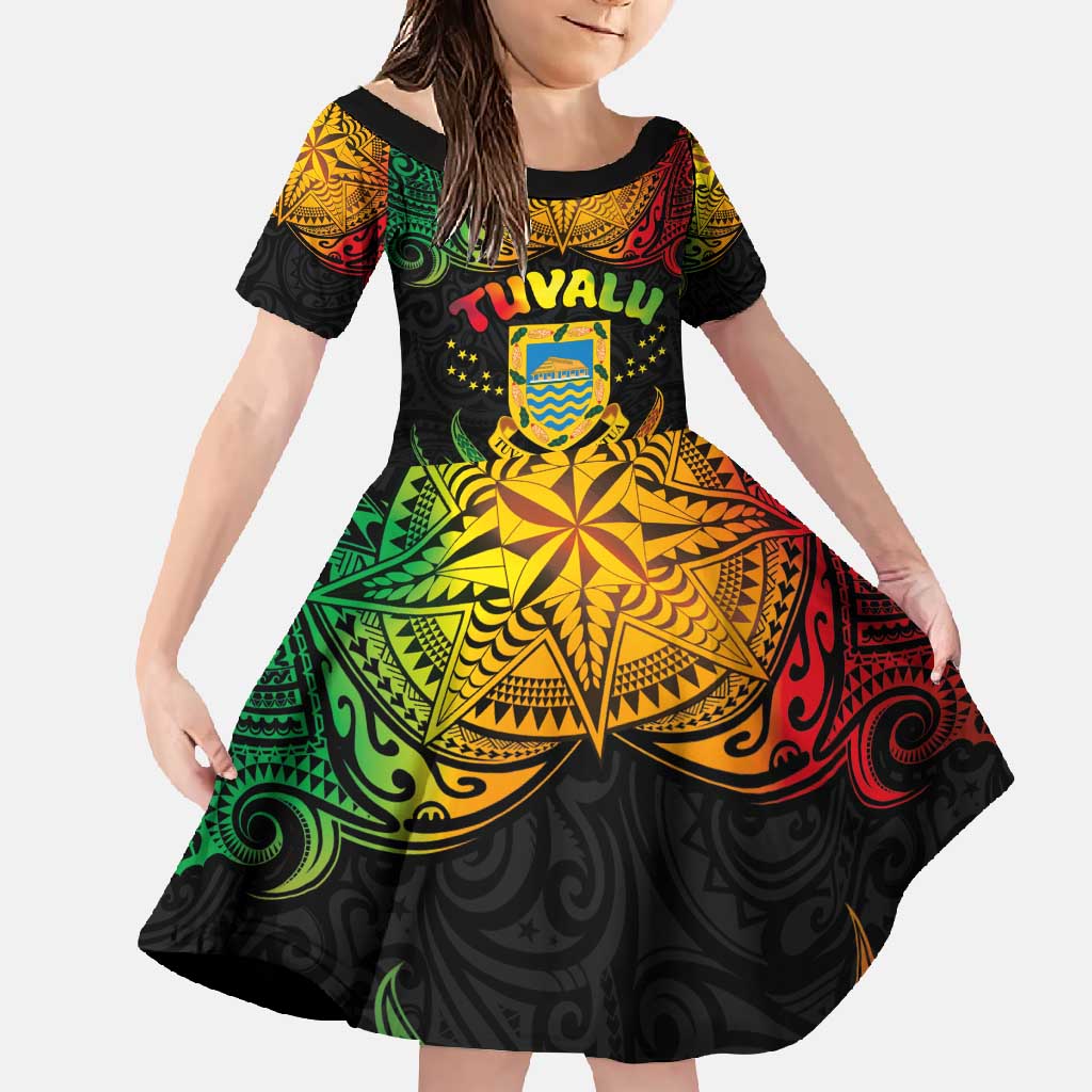 Personalised Tuvalu Independence Day Family Matching Summer Maxi Dress and Hawaiian Shirt Polynesian Tattoo and Plumeria Reggae Color LT03 Daughter's Dress Reggae - Polynesian Pride