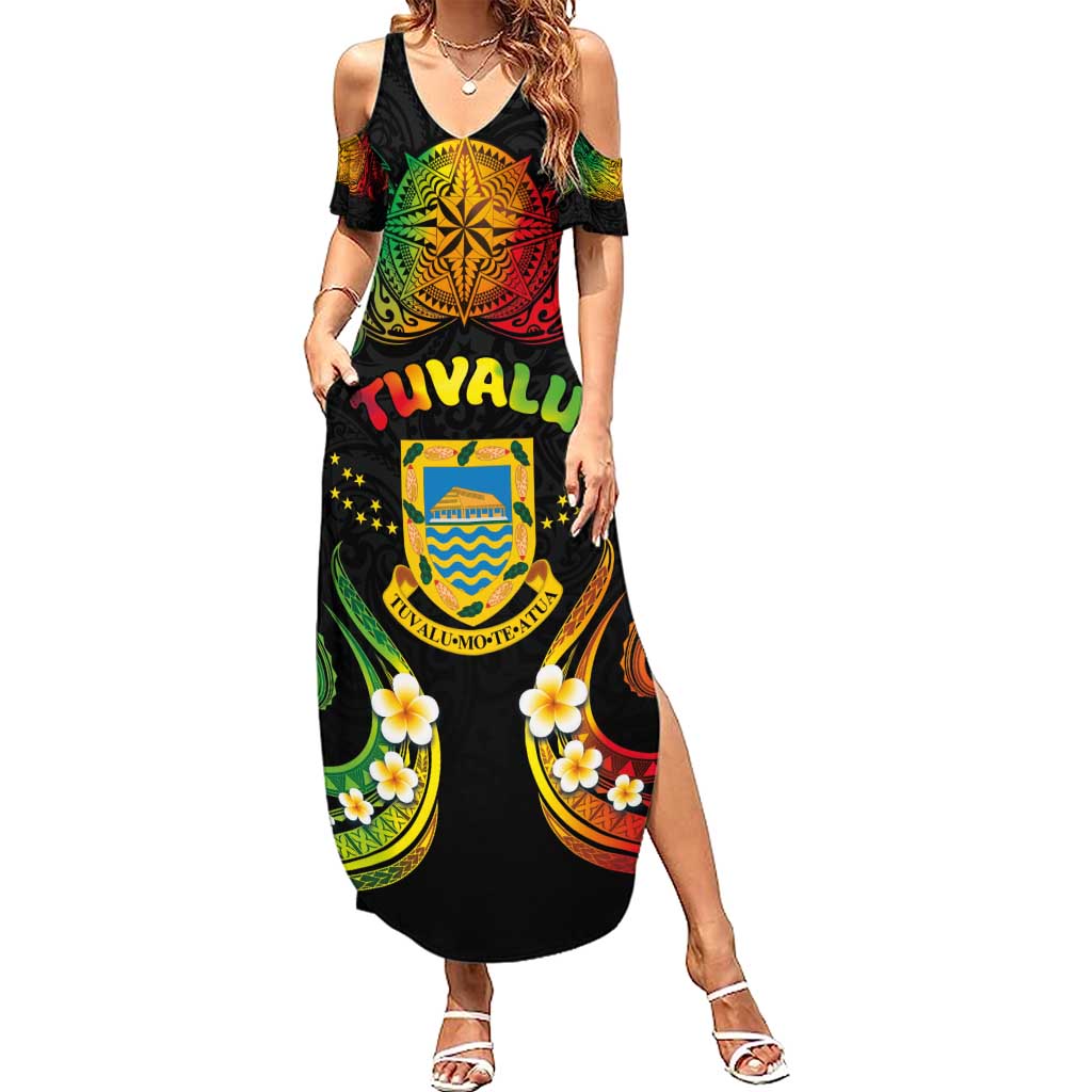 Personalised Tuvalu Independence Day Family Matching Summer Maxi Dress and Hawaiian Shirt Polynesian Tattoo and Plumeria Reggae Color LT03 Mom's Dress Reggae - Polynesian Pride