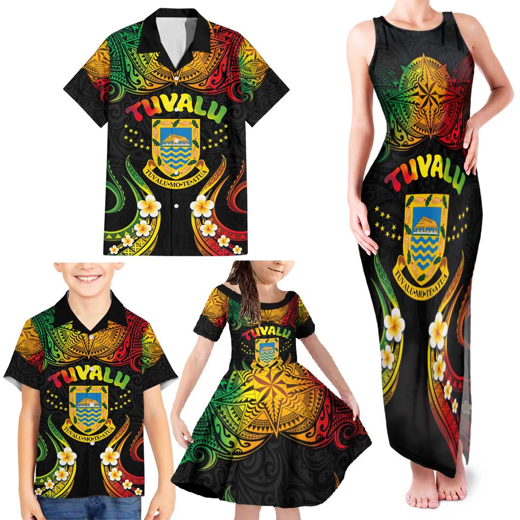 Personalised Tuvalu Independence Day Family Matching Tank Maxi Dress and Hawaiian Shirt Polynesian Tattoo and Plumeria Reggae Color LT03 - Polynesian Pride