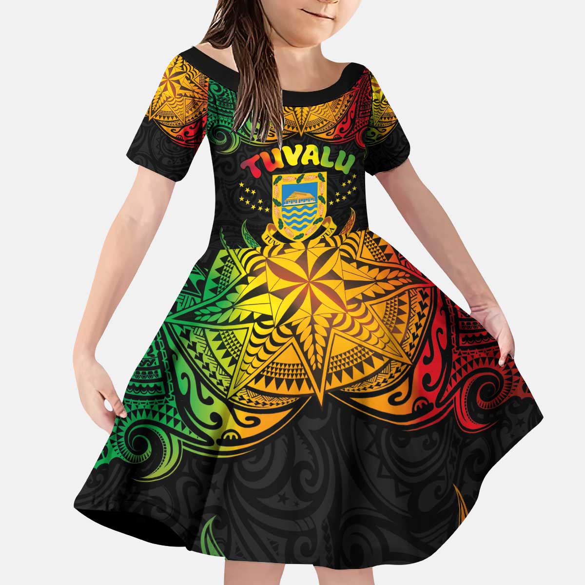Personalised Tuvalu Independence Day Kid Short Sleeve Dress Polynesian Tattoo and Plumeria Reggae Color LT03 KID Reggae - Polynesian Pride