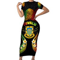 Personalised Tuvalu Independence Day Short Sleeve Bodycon Dress Polynesian Tattoo and Plumeria Reggae Color LT03 Long Dress Reggae - Polynesian Pride
