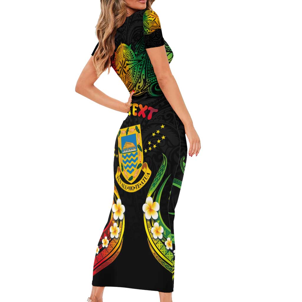 Personalised Tuvalu Independence Day Short Sleeve Bodycon Dress Polynesian Tattoo and Plumeria Reggae Color LT03 - Polynesian Pride