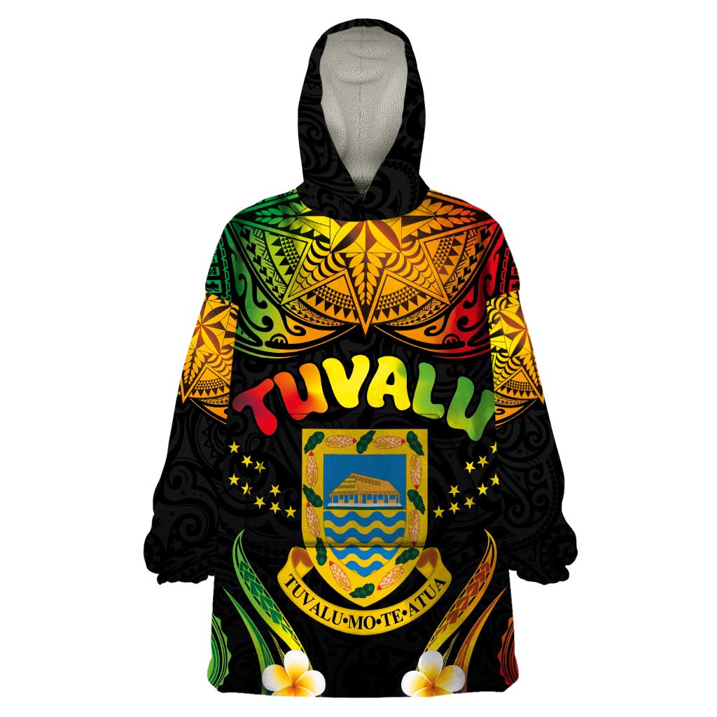 Personalised Tuvalu Independence Day Wearable Blanket Hoodie Polynesian Tattoo and Plumeria Reggae Color LT03 One Size Reggae - Polynesian Pride