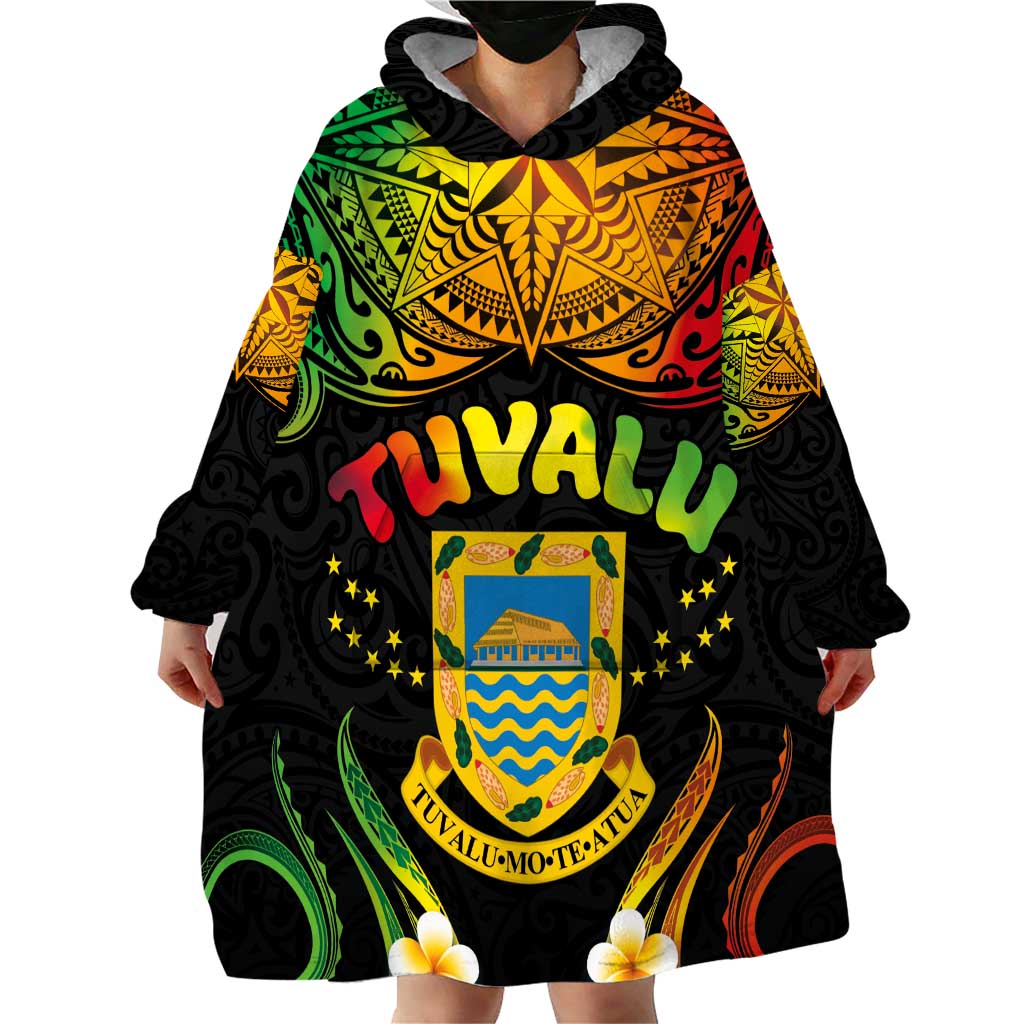 Personalised Tuvalu Independence Day Wearable Blanket Hoodie Polynesian Tattoo and Plumeria Reggae Color LT03 - Polynesian Pride