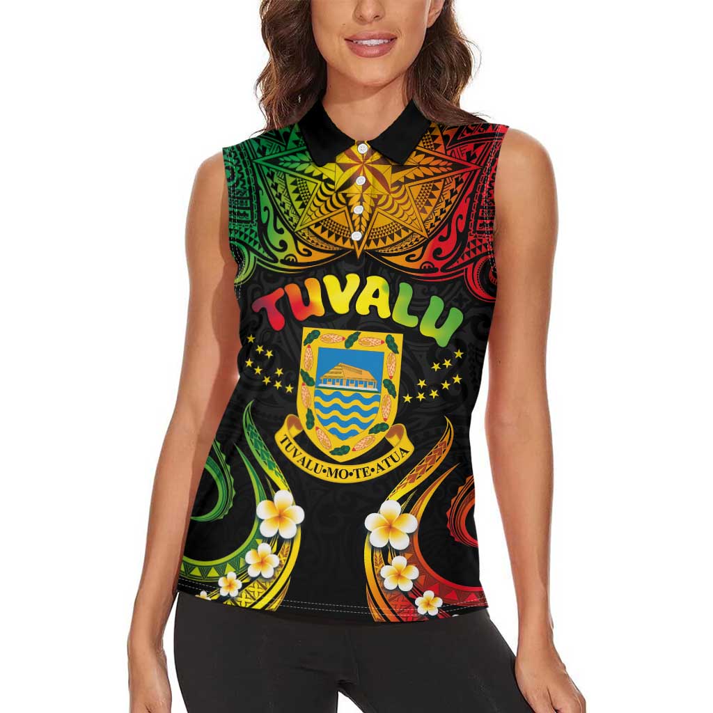 Personalised Tuvalu Independence Day Women Sleeveless Polo Shirt Polynesian Tattoo and Plumeria Reggae Color LT03 - Polynesian Pride