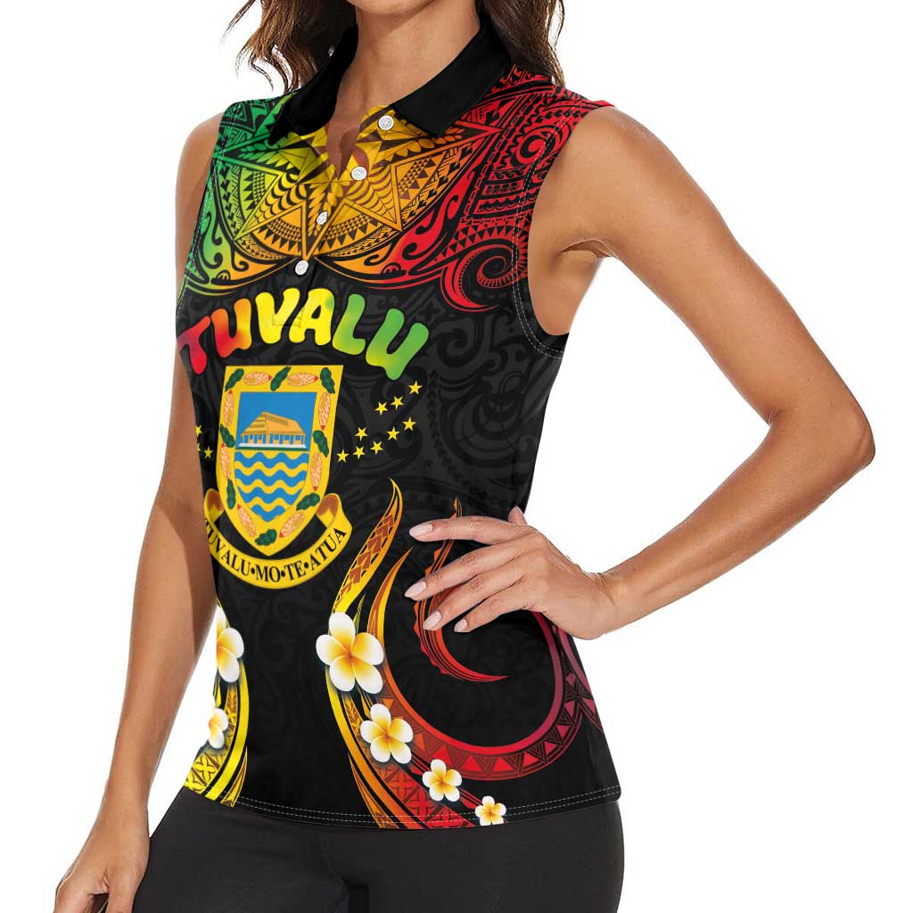 Personalised Tuvalu Independence Day Women Sleeveless Polo Shirt Polynesian Tattoo and Plumeria Reggae Color LT03 - Polynesian Pride