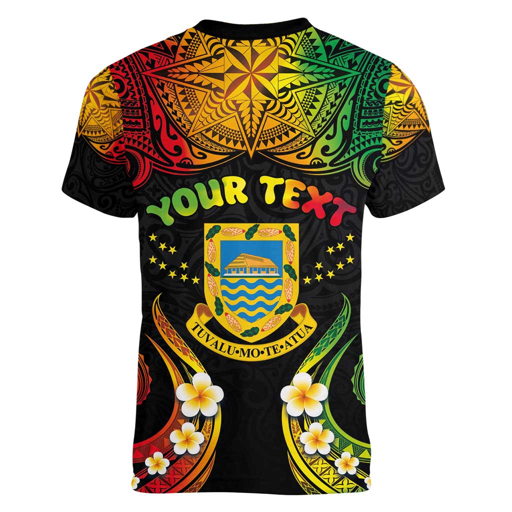 Personalised Tuvalu Independence Day Women V-Neck T-Shirt Polynesian Tattoo and Plumeria Reggae Color LT03 - Polynesian Pride