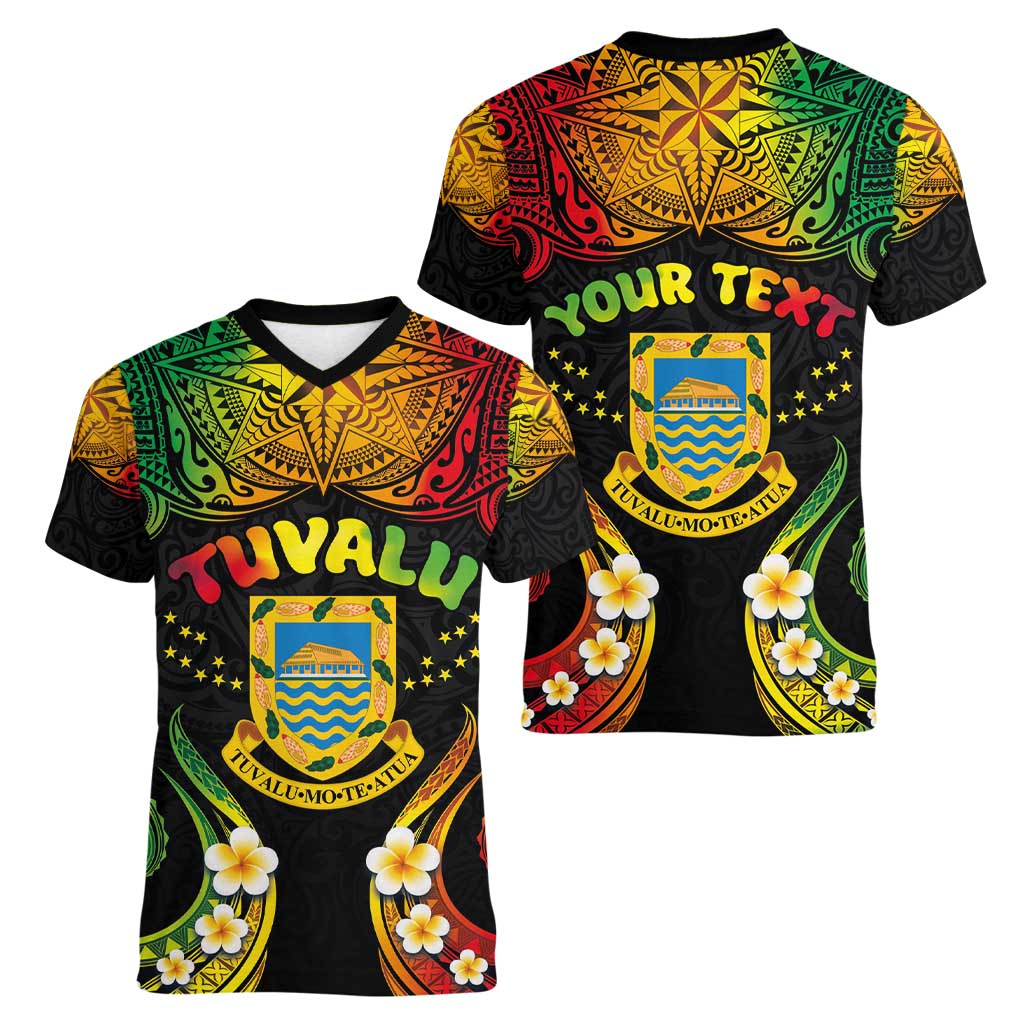 Personalised Tuvalu Independence Day Women V-Neck T-Shirt Polynesian Tattoo and Plumeria Reggae Color LT03 - Polynesian Pride