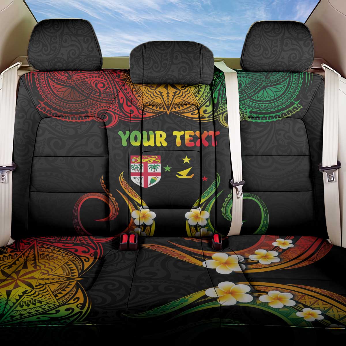 Personalised Malampa Fiji Day Back Car Seat Cover Polynesian Tattoo and Plumeria Reggae Color LT03 One Size Reggae - Polynesian Pride