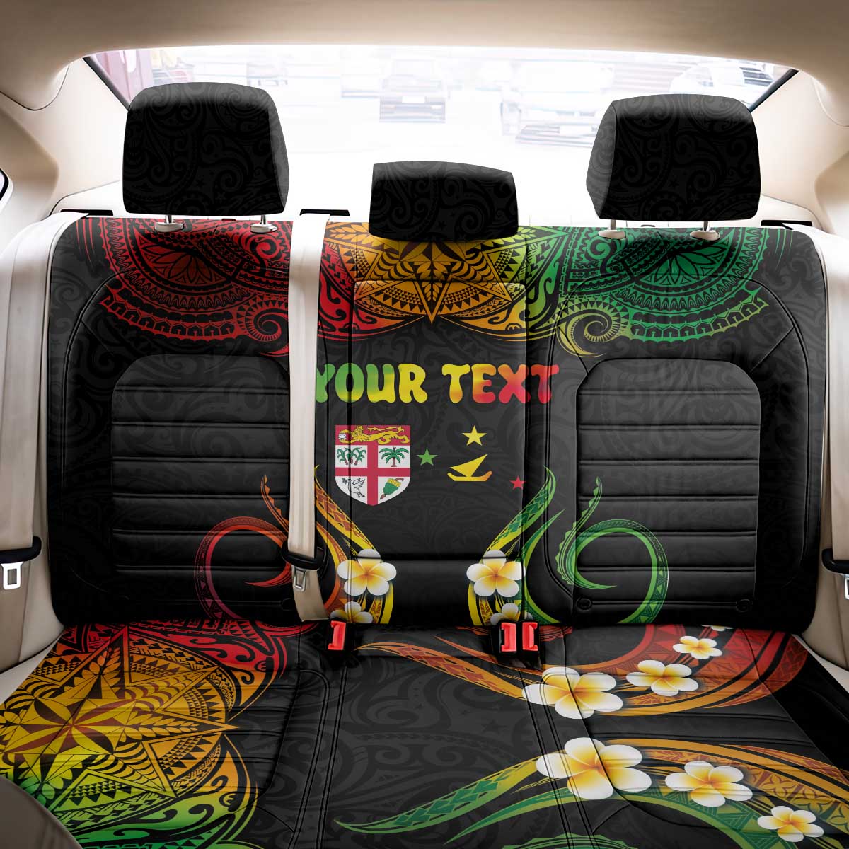 Personalised Malampa Fiji Day Back Car Seat Cover Polynesian Tattoo and Plumeria Reggae Color LT03 - Polynesian Pride