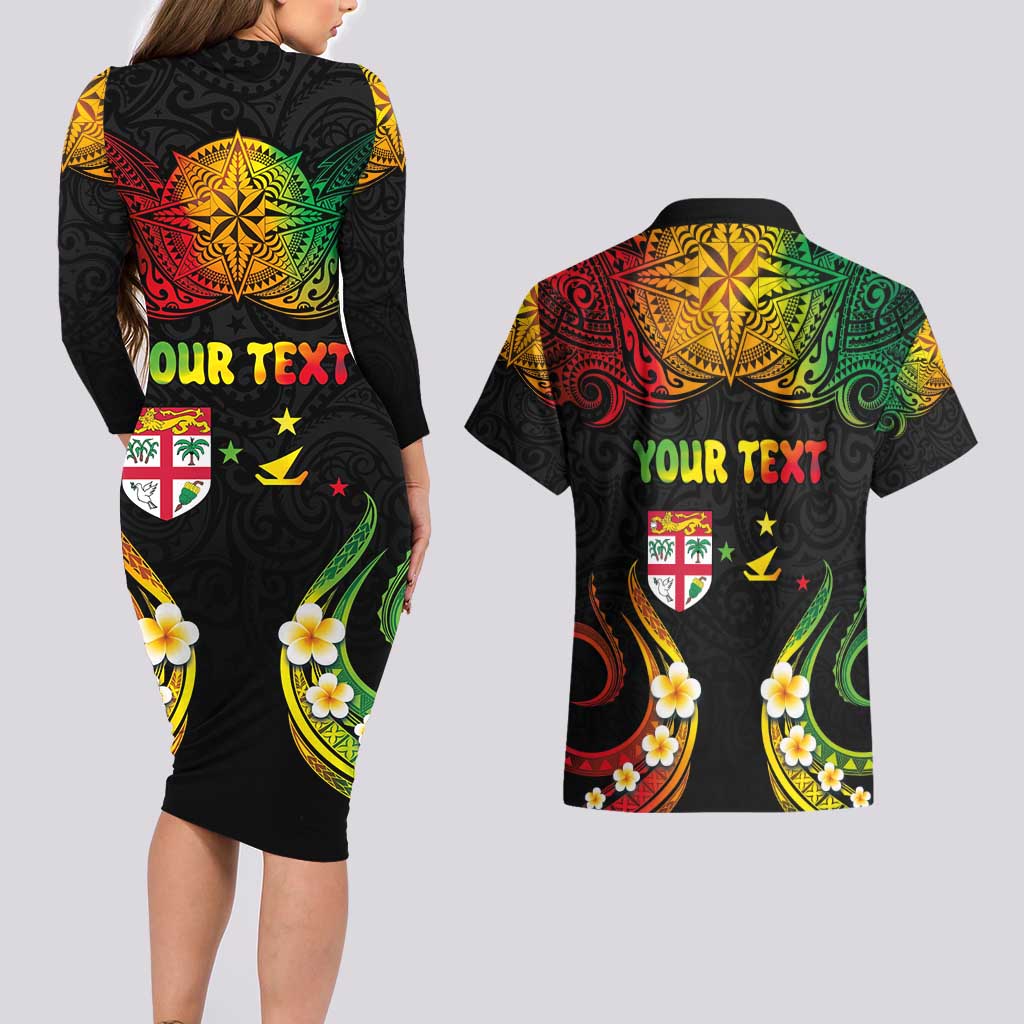 Personalised Malampa Fiji Day Couples Matching Long Sleeve Bodycon Dress and Hawaiian Shirt Polynesian Tattoo and Plumeria Reggae Color LT03 - Polynesian Pride