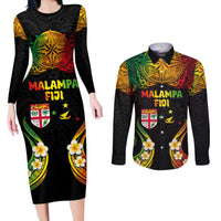 Personalised Malampa Fiji Day Couples Matching Long Sleeve Bodycon Dress and Long Sleeve Button Shirt Polynesian Tattoo and Plumeria Reggae Color LT03 Reggae - Polynesian Pride