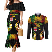 Personalised Malampa Fiji Day Couples Matching Mermaid Dress and Long Sleeve Button Shirt Polynesian Tattoo and Plumeria Reggae Color LT03 Reggae - Polynesian Pride