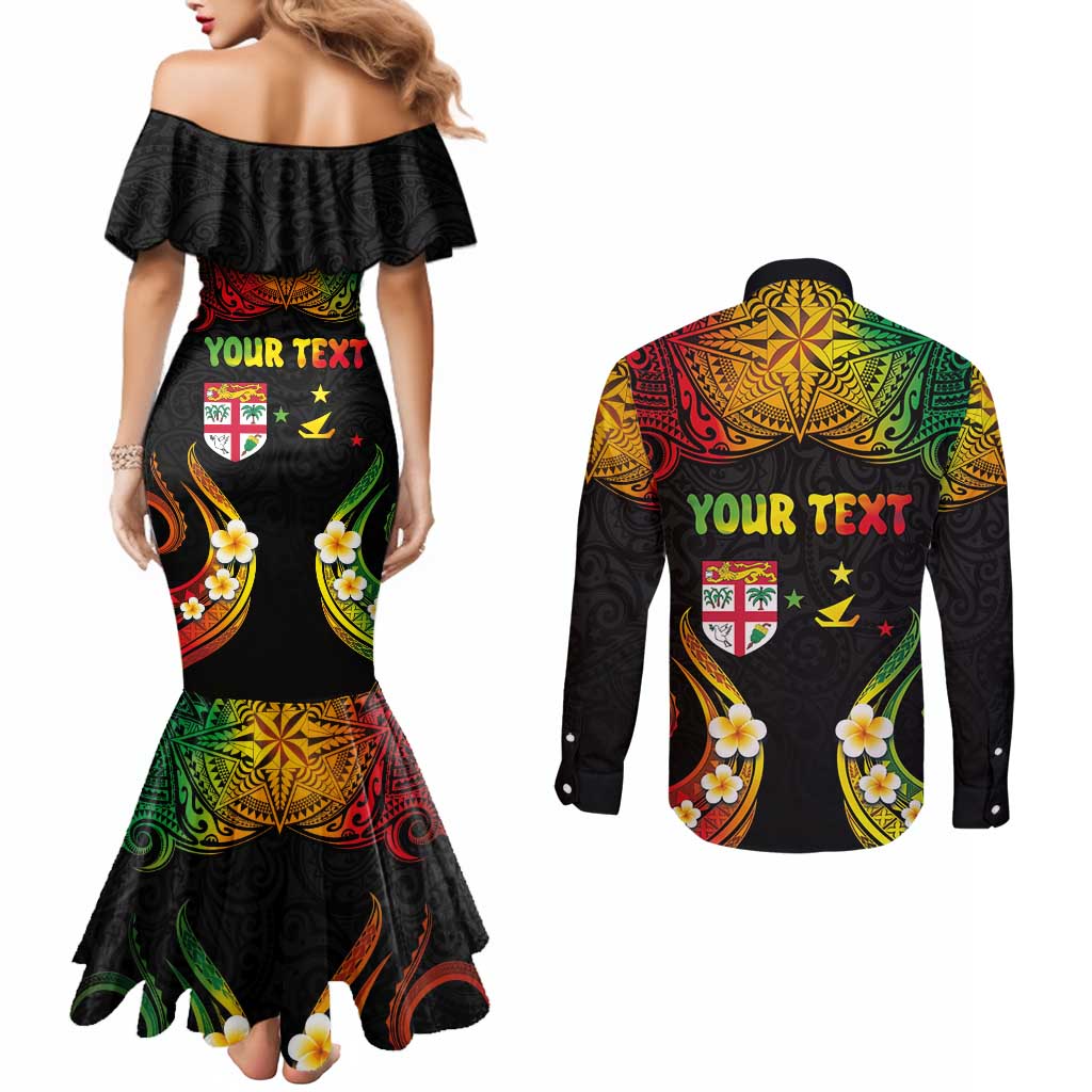Personalised Malampa Fiji Day Couples Matching Mermaid Dress and Long Sleeve Button Shirt Polynesian Tattoo and Plumeria Reggae Color LT03 - Polynesian Pride
