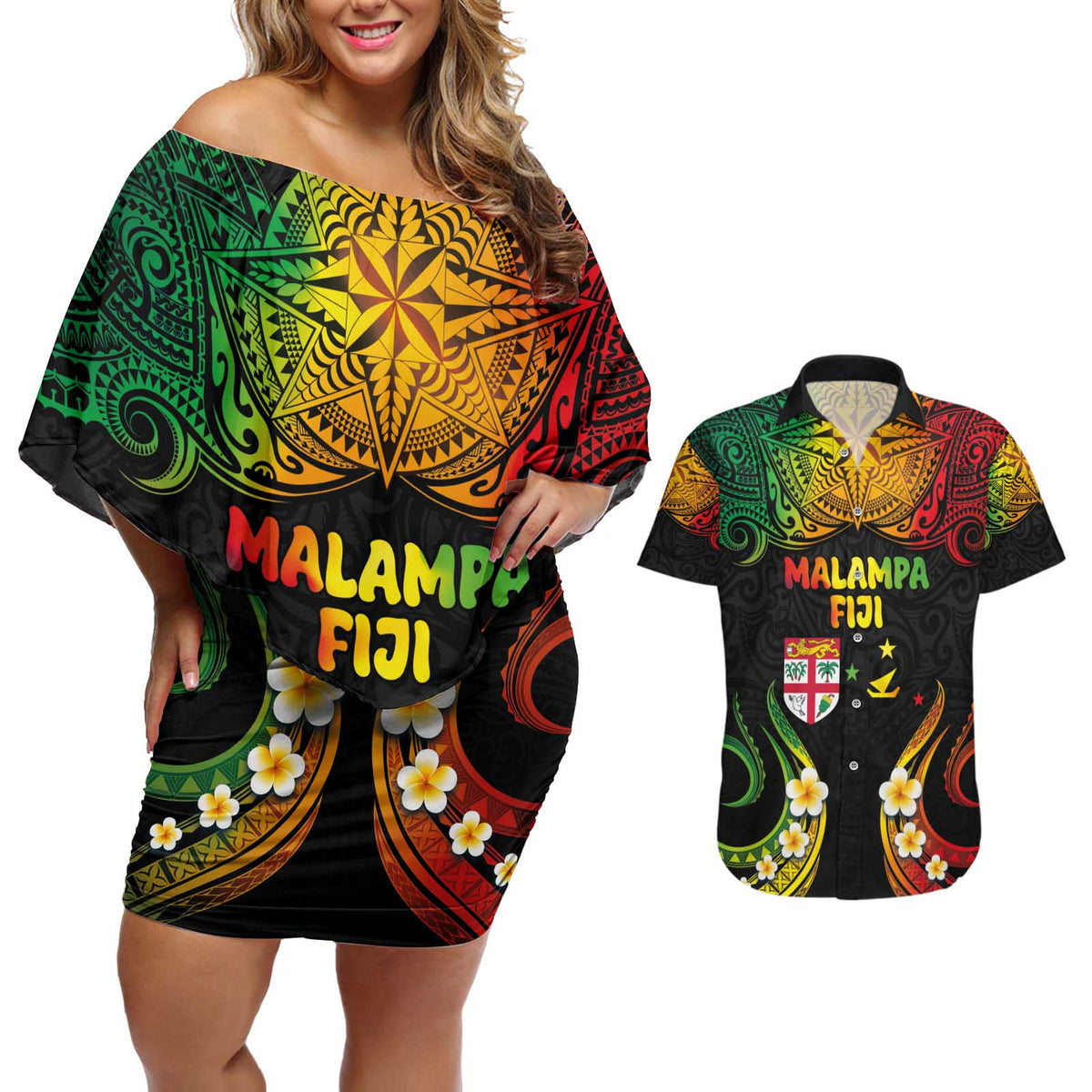 Personalised Malampa Fiji Day Couples Matching Off Shoulder Short Dress and Hawaiian Shirt Polynesian Tattoo and Plumeria Reggae Color LT03 Reggae - Polynesian Pride