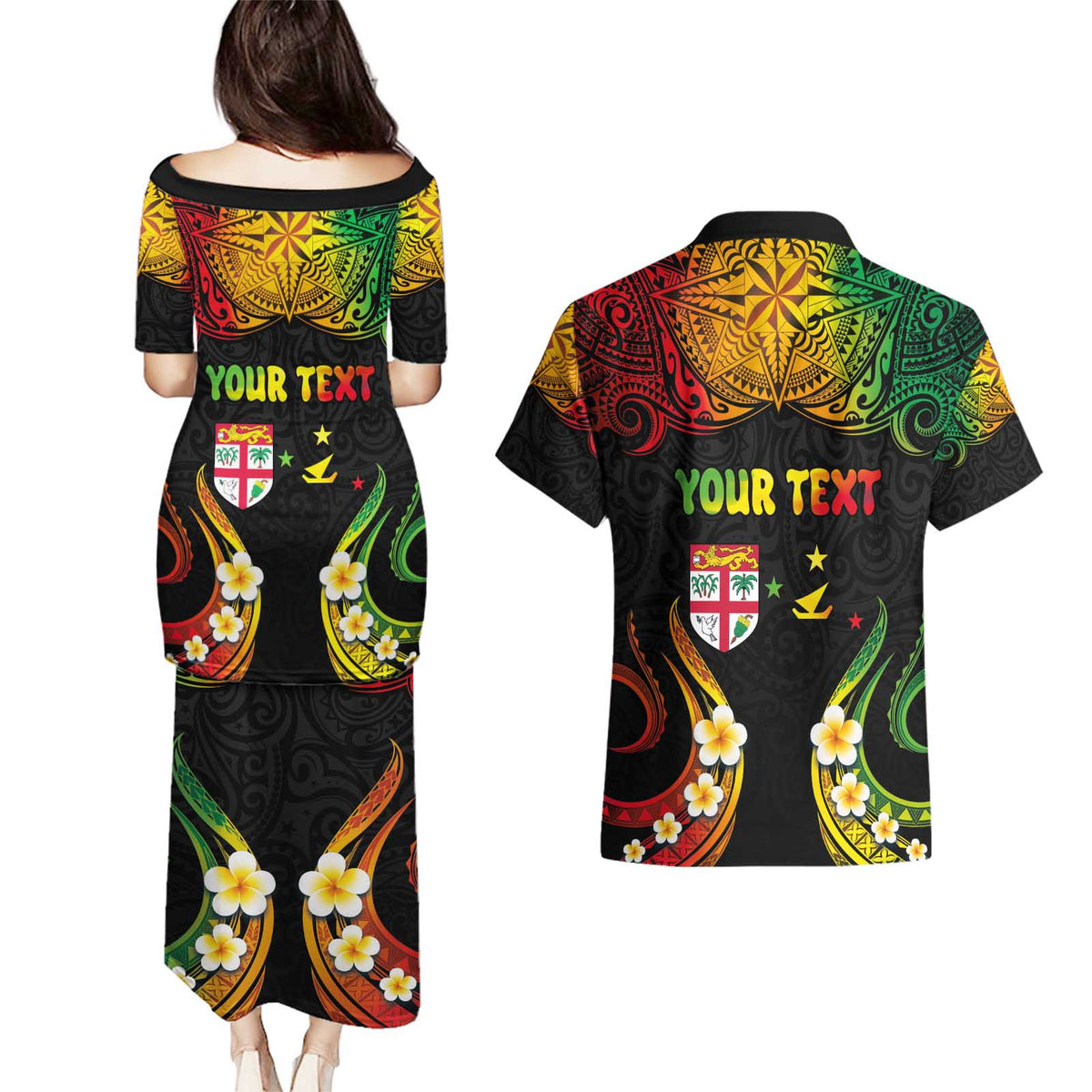 Personalised Malampa Fiji Day Couples Matching Puletasi and Hawaiian Shirt Polynesian Tattoo and Plumeria Reggae Color LT03 - Polynesian Pride