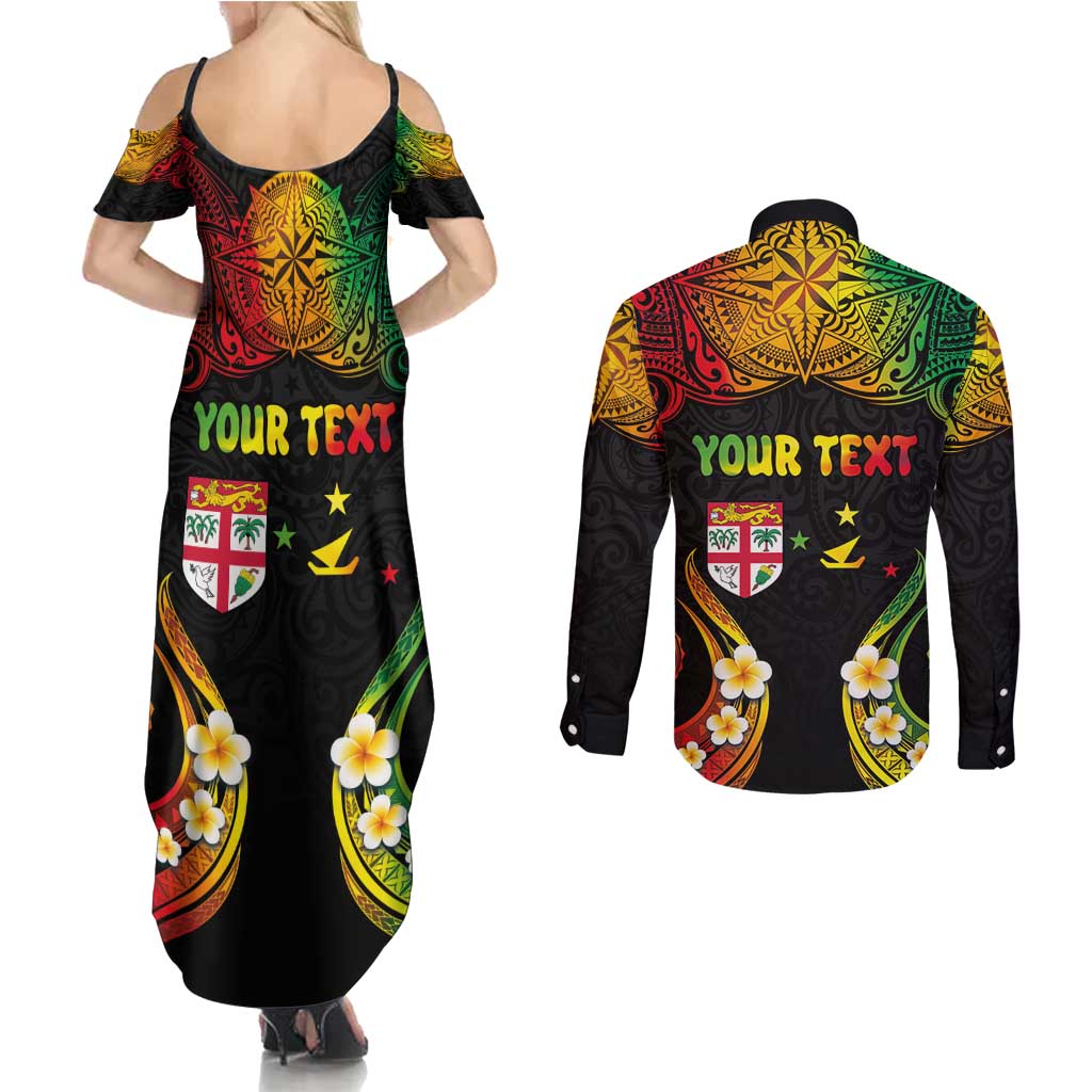 Personalised Malampa Fiji Day Couples Matching Summer Maxi Dress and Long Sleeve Button Shirt Polynesian Tattoo and Plumeria Reggae Color LT03 - Polynesian Pride